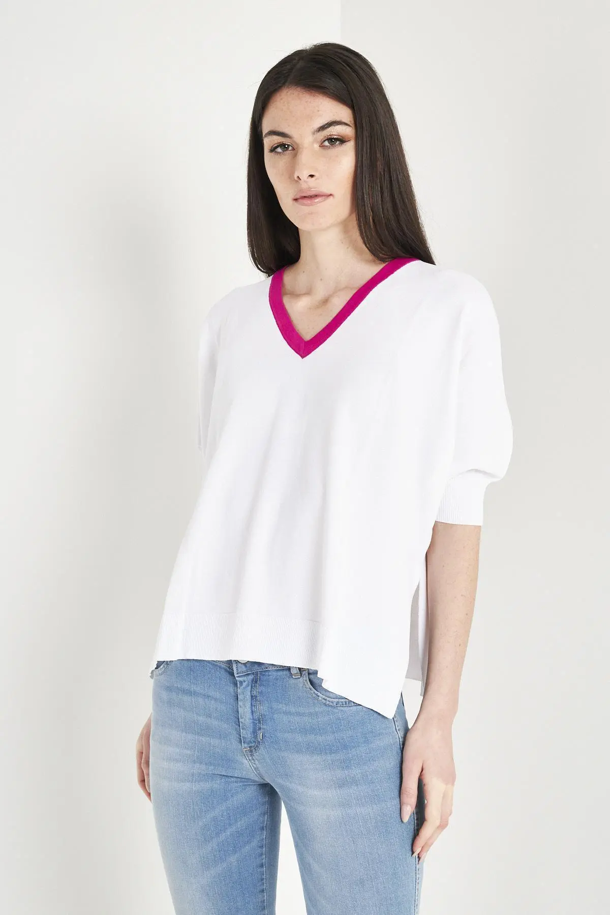 Maglia scollo a V bicolore BIANCO - Image 3