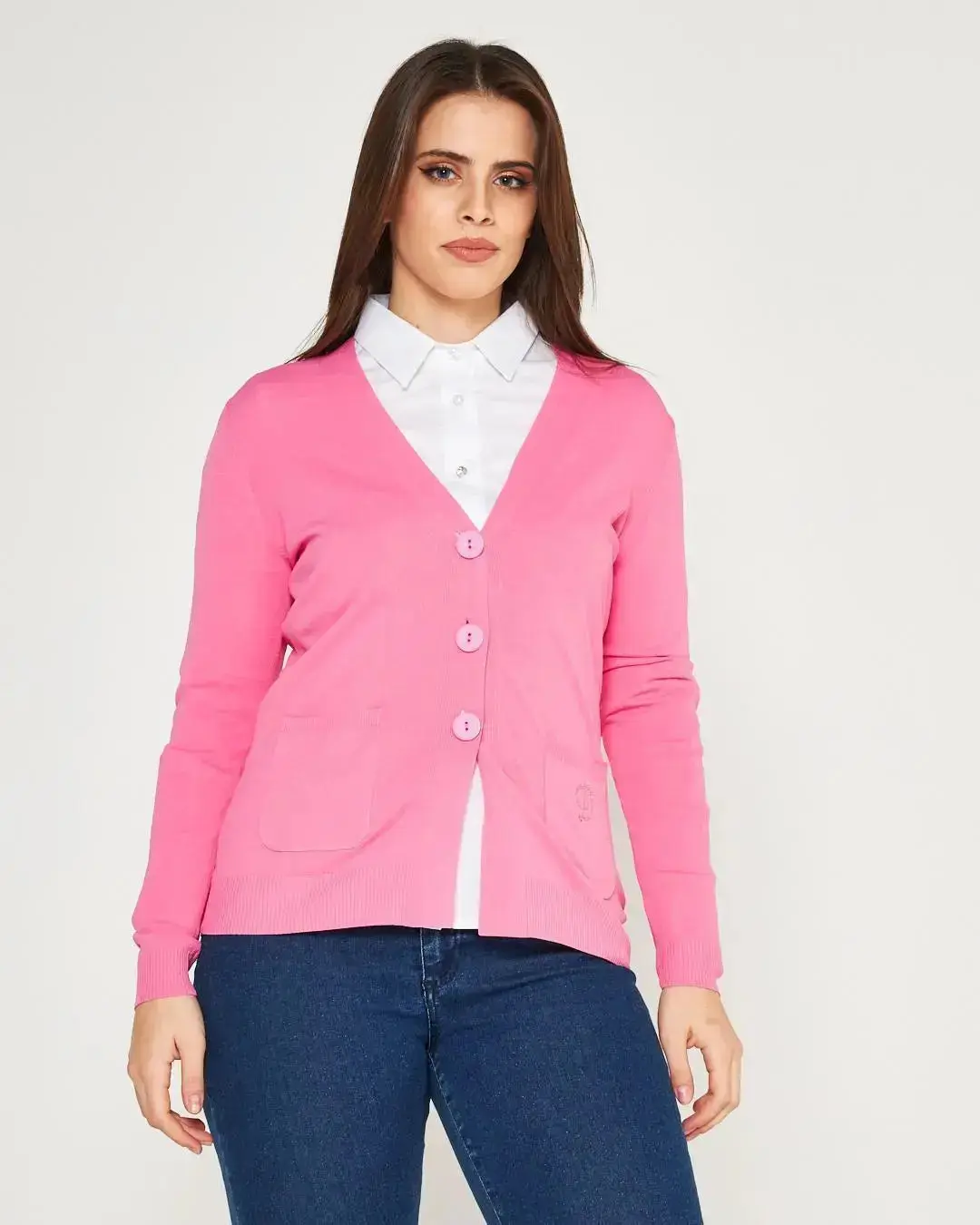 Cardigan scollo a V in maglia di misto viscosa con logo in strass. - Image 19
