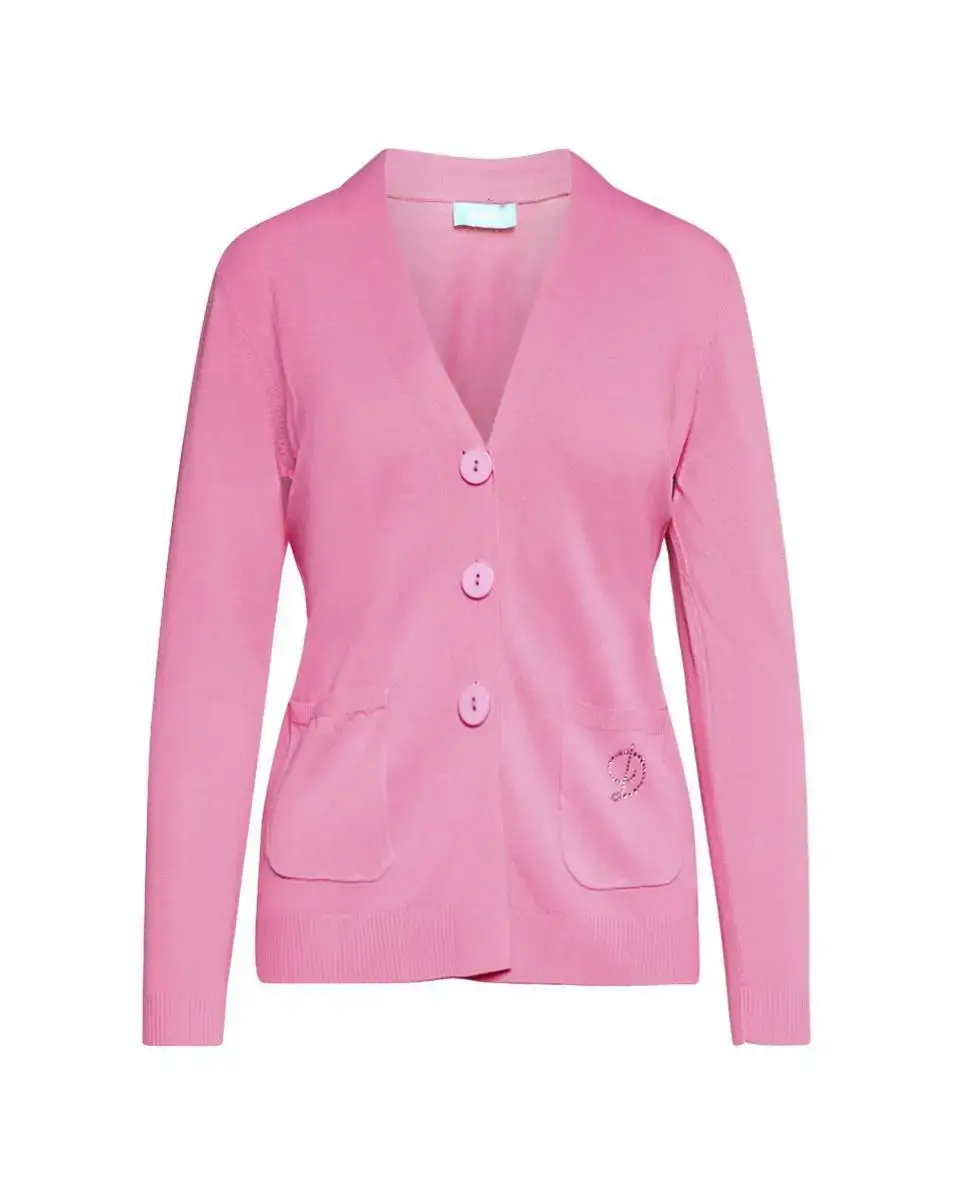 Cardigan scollo a V in maglia di misto viscosa con logo in strass. - Image 3