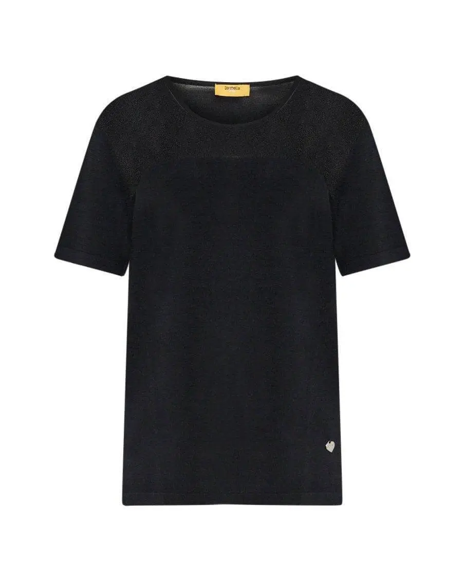 Maglia a maniche corte in filato di misto viscosa con carré in tulle NERO