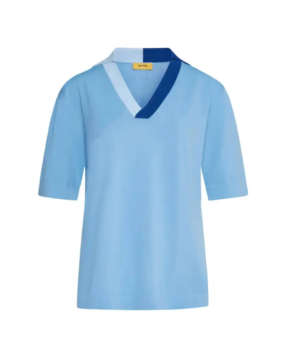 Maglia polo a maniche corte in filato di misto viscosa tinta unita con scollo a contrasto LIGHT BLUE