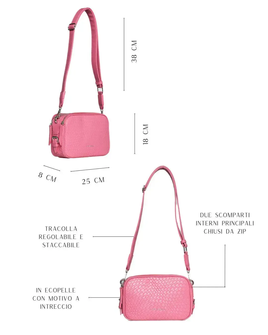 Borsa a spalla piccola in ecopelle con motivo ad intreccio con tracolla regolabile ROSA - Image 4