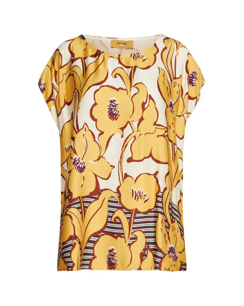 Blusa girocollo in viscosa lucida con fantasia floreale OCRA