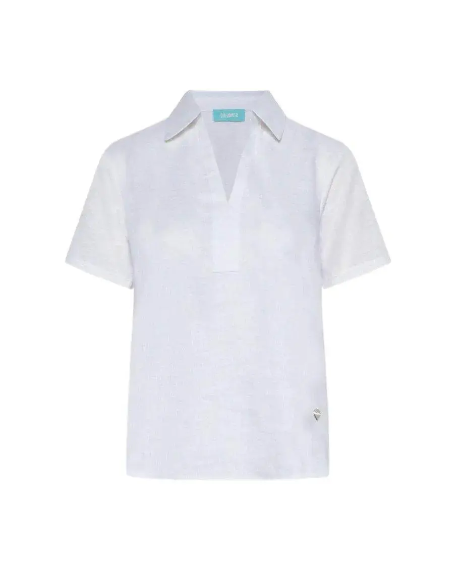 Polo scollo a V in lino con retro e maniche in jersey BIANCO