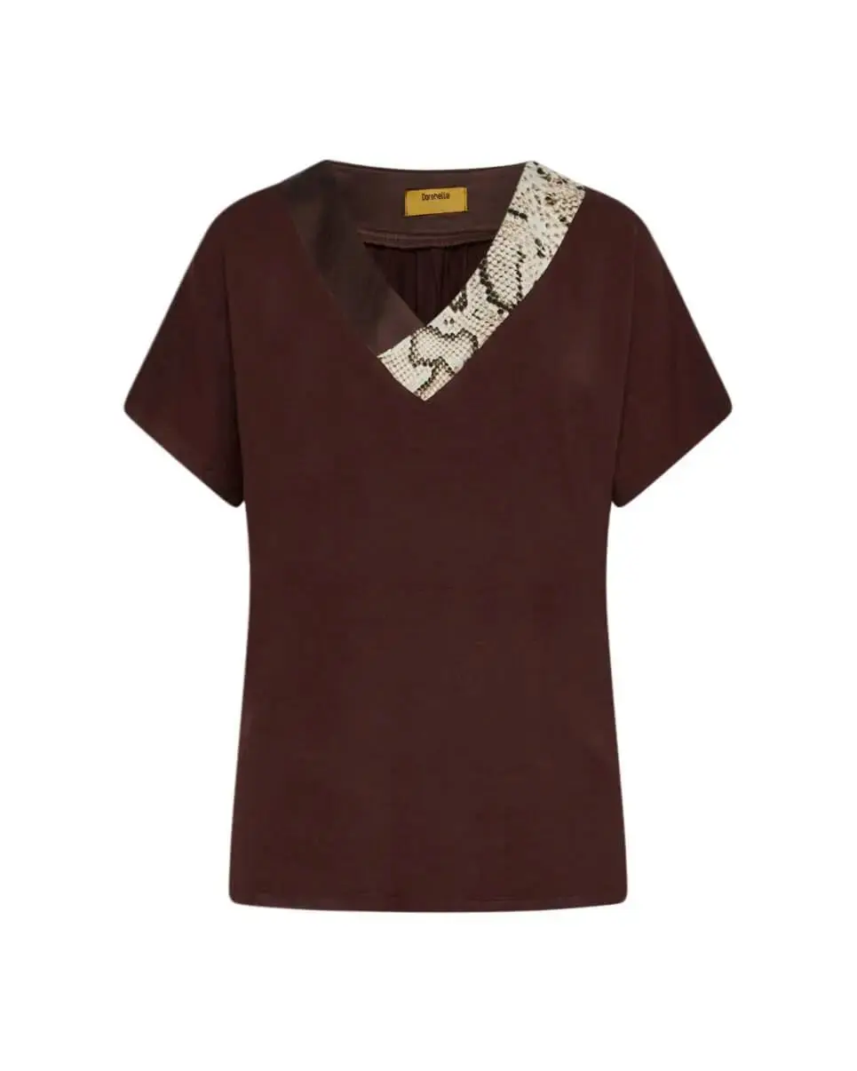 T-shirt kimono in jersey di viscosa elasticizzata con scollo a V con fantasia animalier CACAO