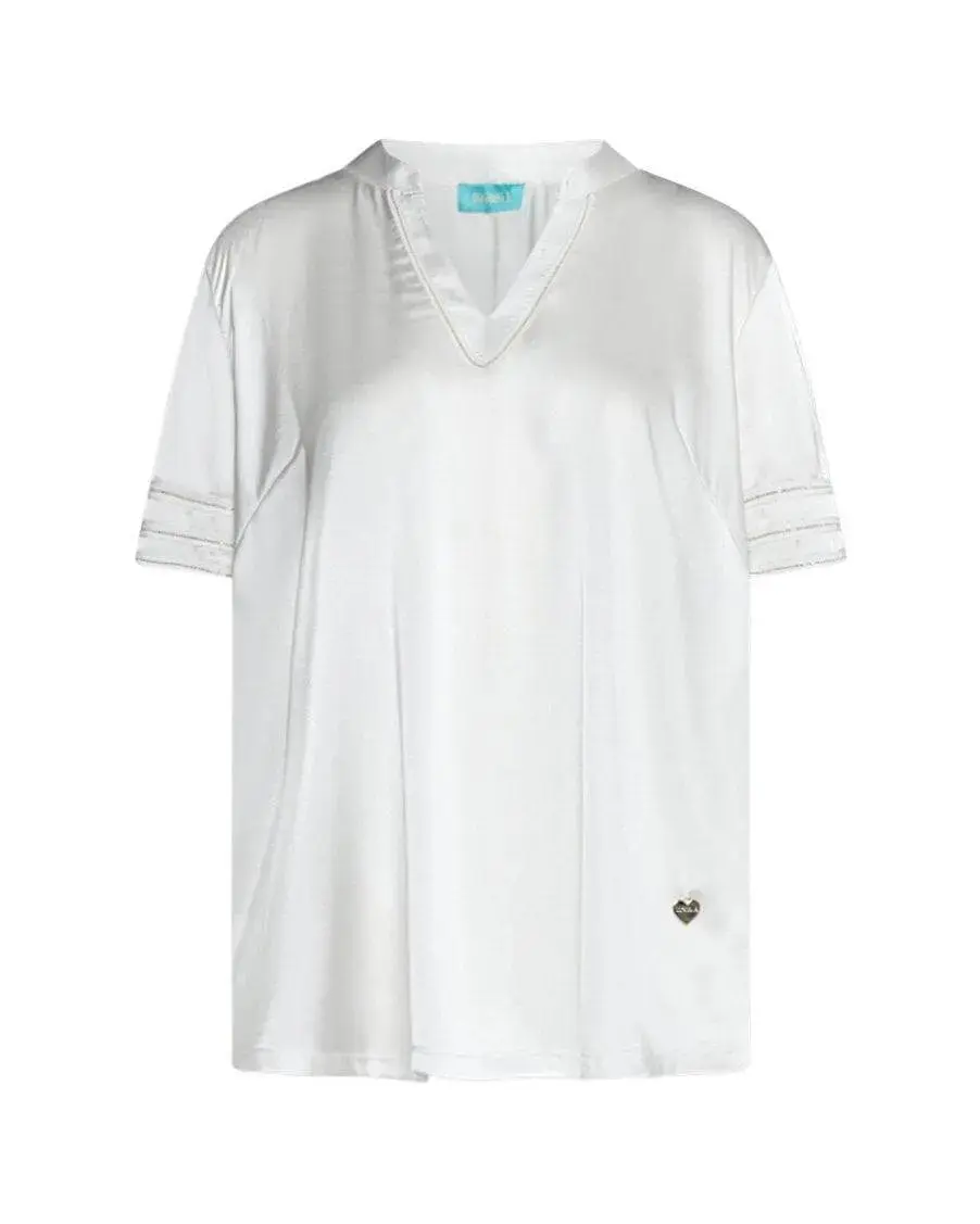 T-shirt combinata modello kaftano in raso e in jersey con dettaglio micro catena BIANCO