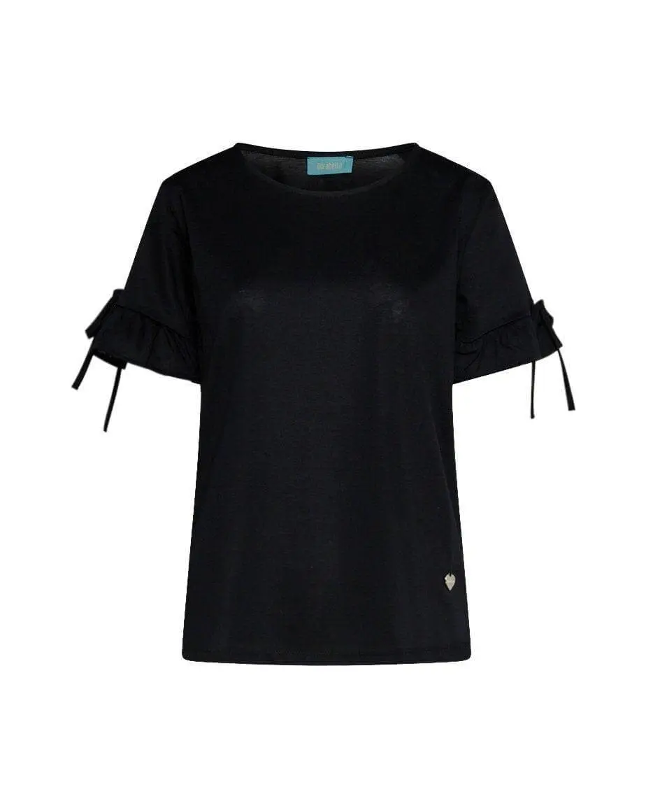 T-shirt girocollo in jersey di cotone e viscosa con fiocchi e rouches al fondo manica BLACK