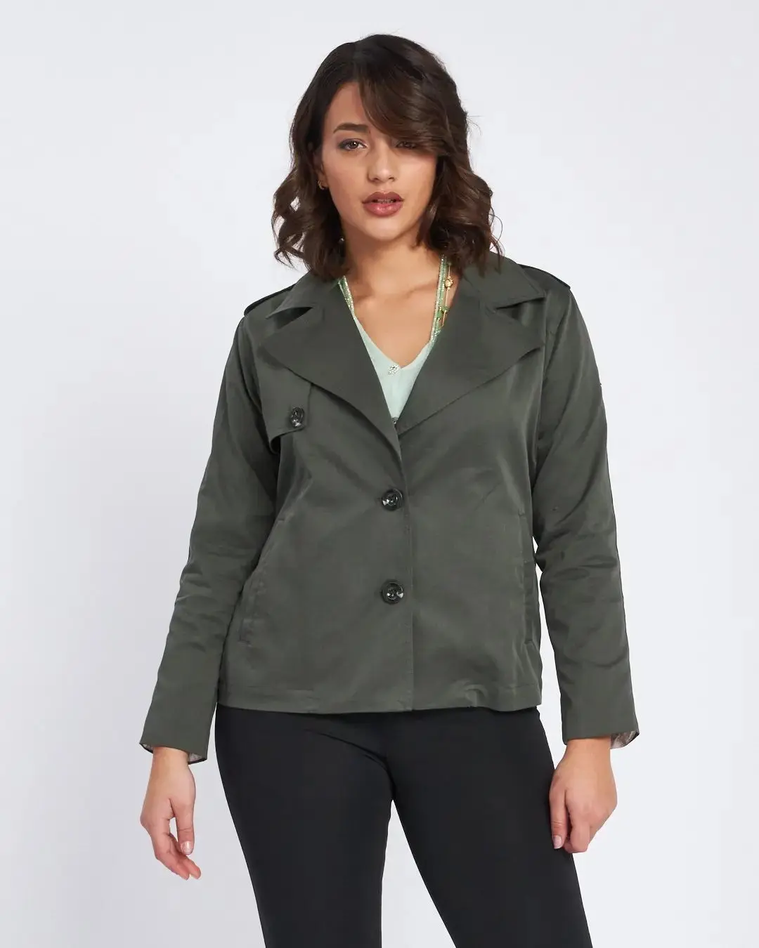 Trench corto con sprone laterale, collo e rever MILITARE - Image 2