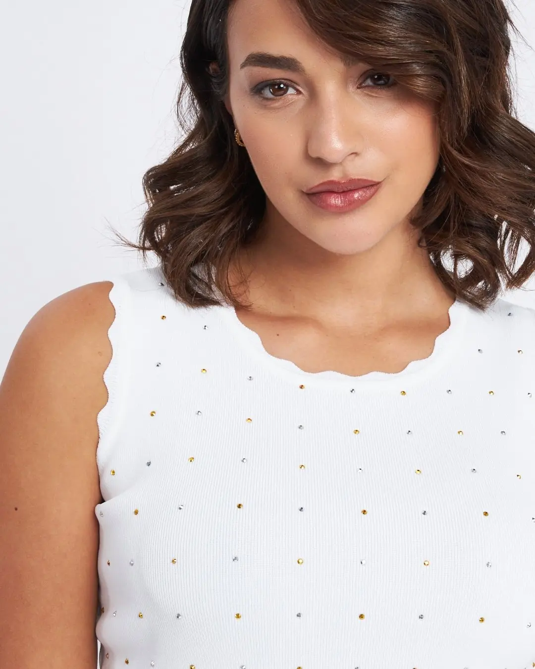 Top con orli ondulati e strass frontali BIANCO - Image 3