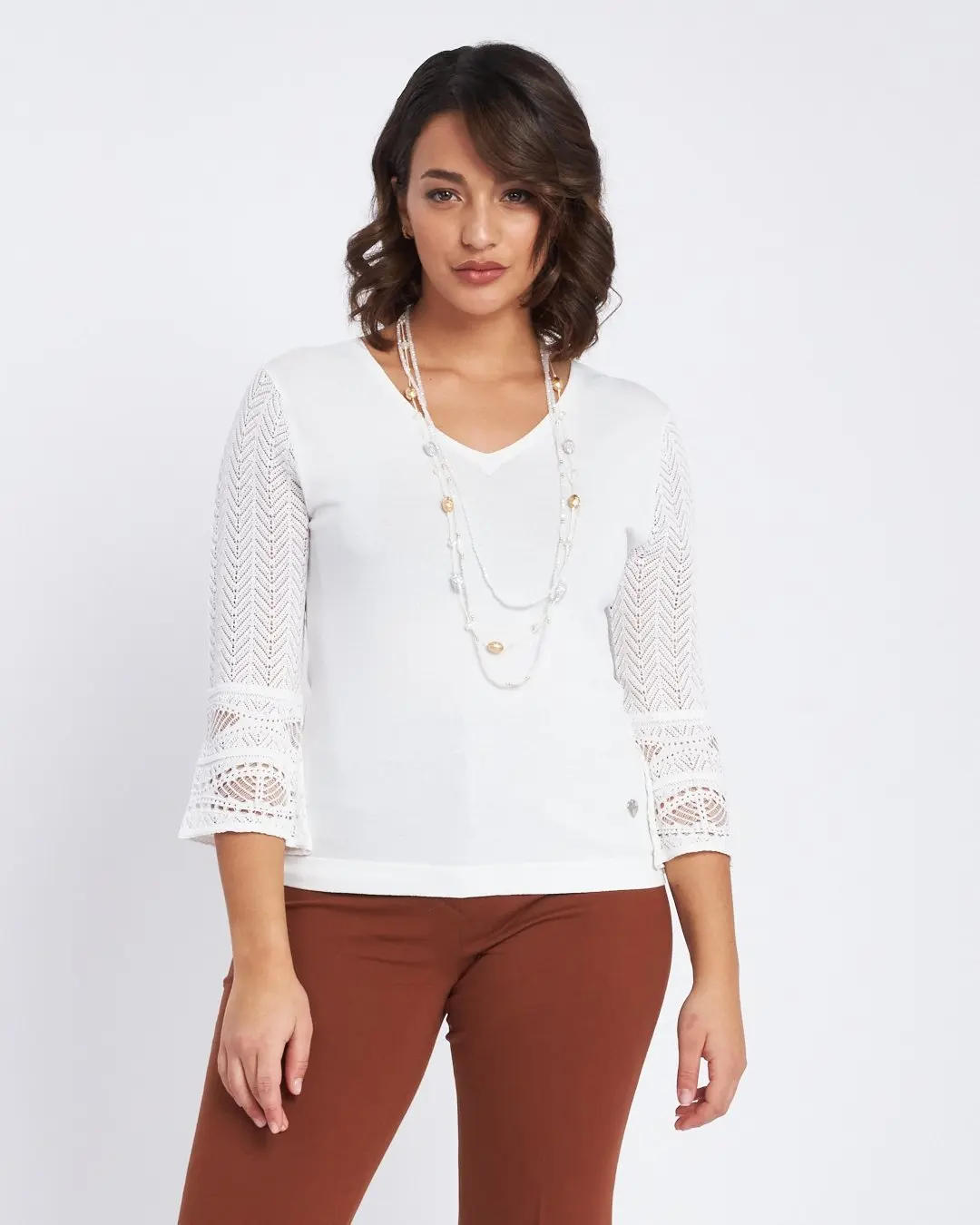 Maglia con scollo a V e trafori lungo le maniche BIANCO