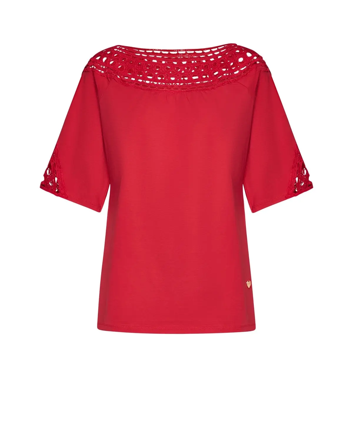 T-shirt scollo a barca con intarsio forato ROSSO