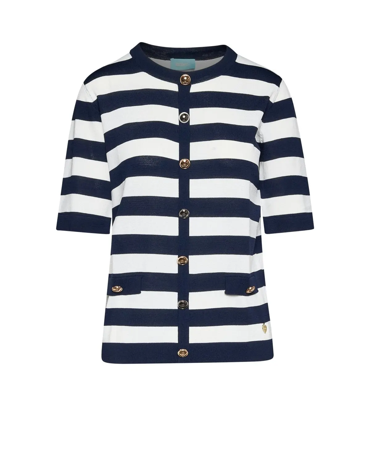 Maglia girocollo a rigehe con bottoni BLU
