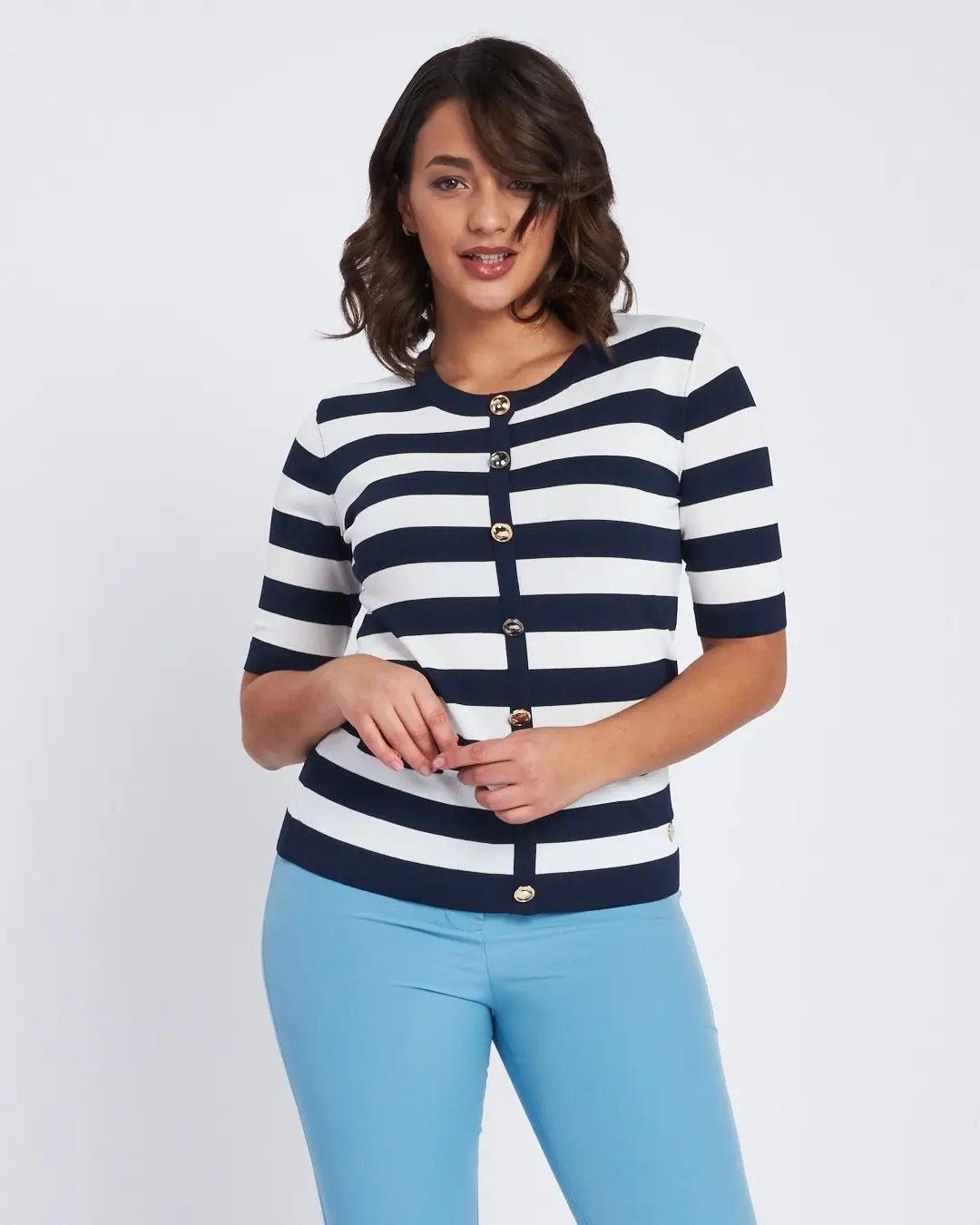 Maglia girocollo a rigehe con bottoni BLU - Image 2