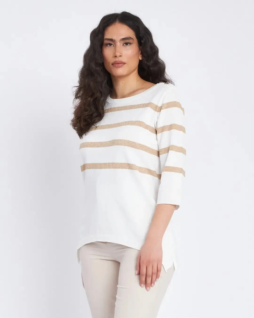 Maglia a righe in misto lurex con bottoni BIANCO - Image 3