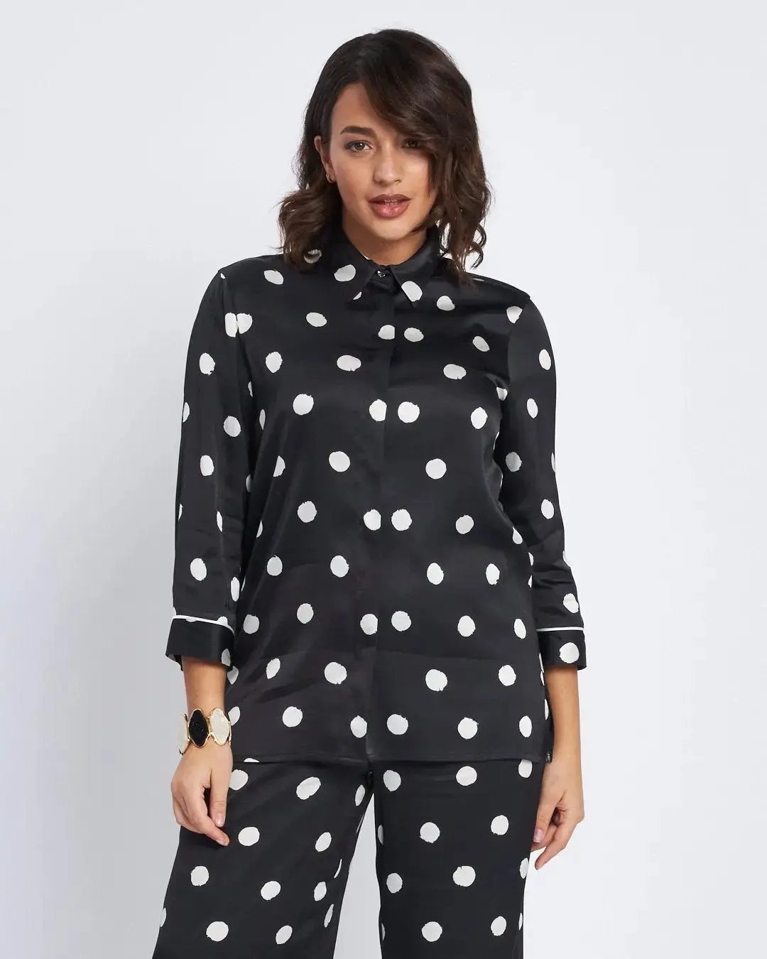 Camicia in raso di viscosa con stampa pois NERO - Image 3