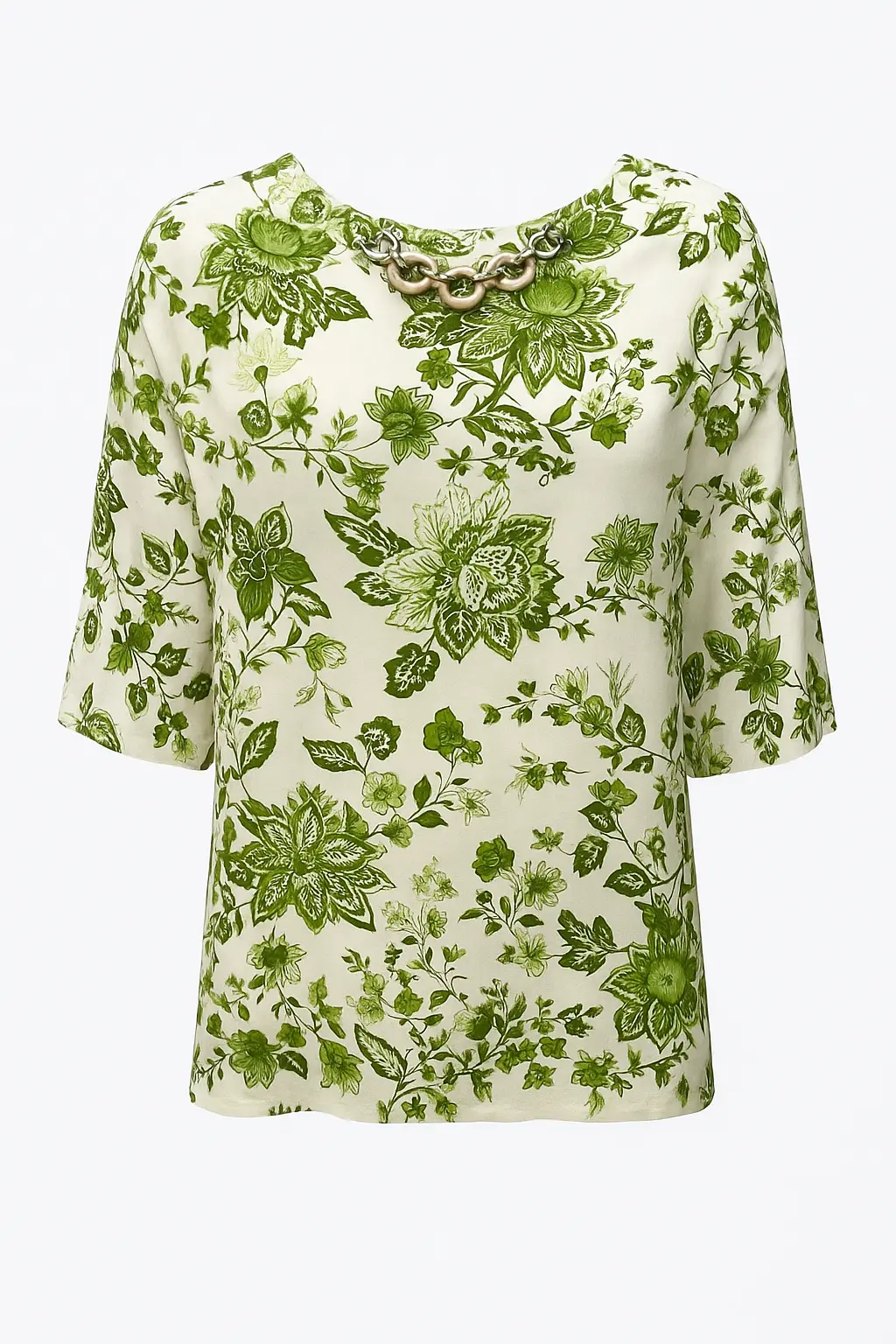 Blusa ampia e lunga in raso stampato a fantasia con accessorio scollo - Image 4
