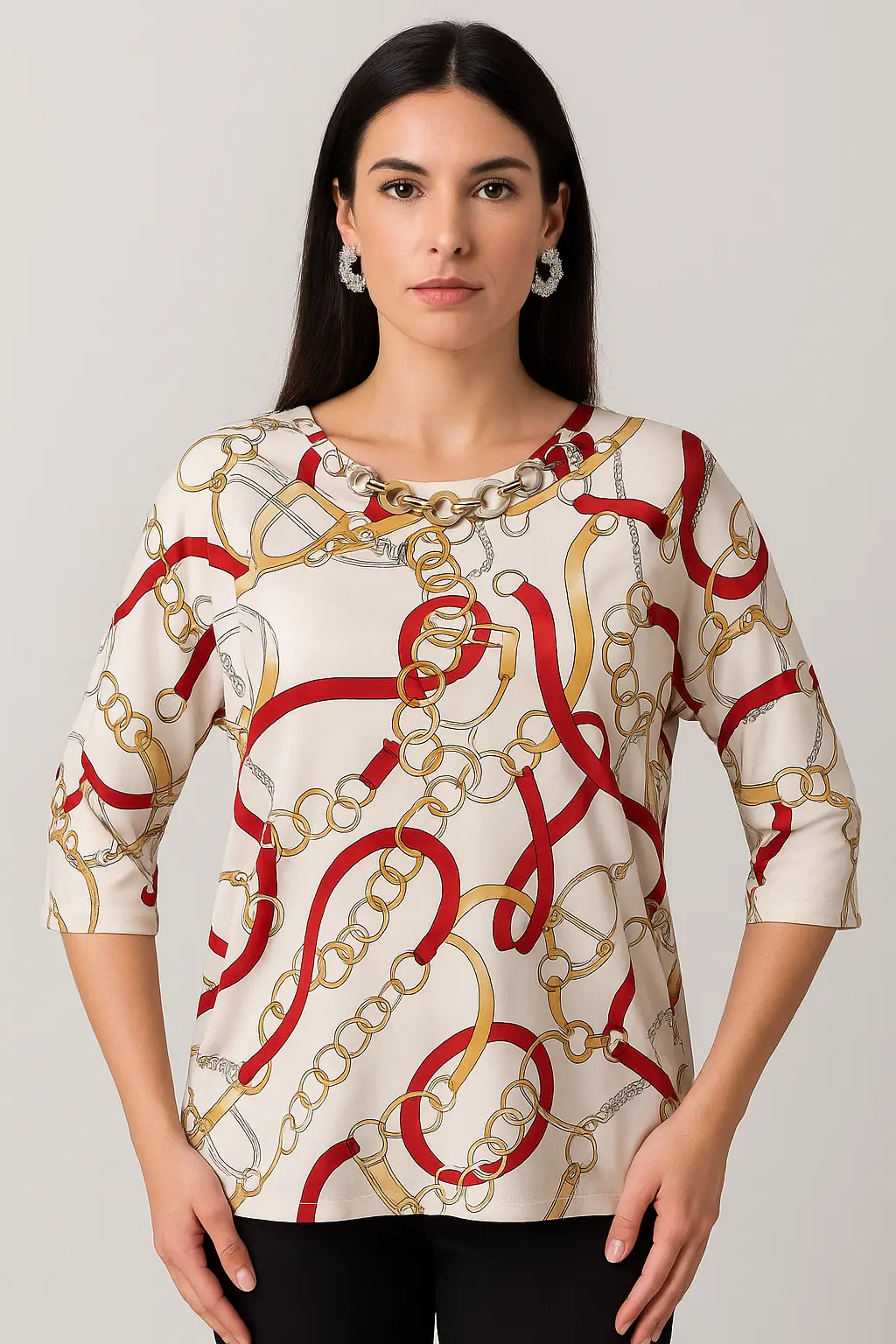 Blusa ampia e lunga in raso stampato a fantasia con accessorio scollo - Image 9