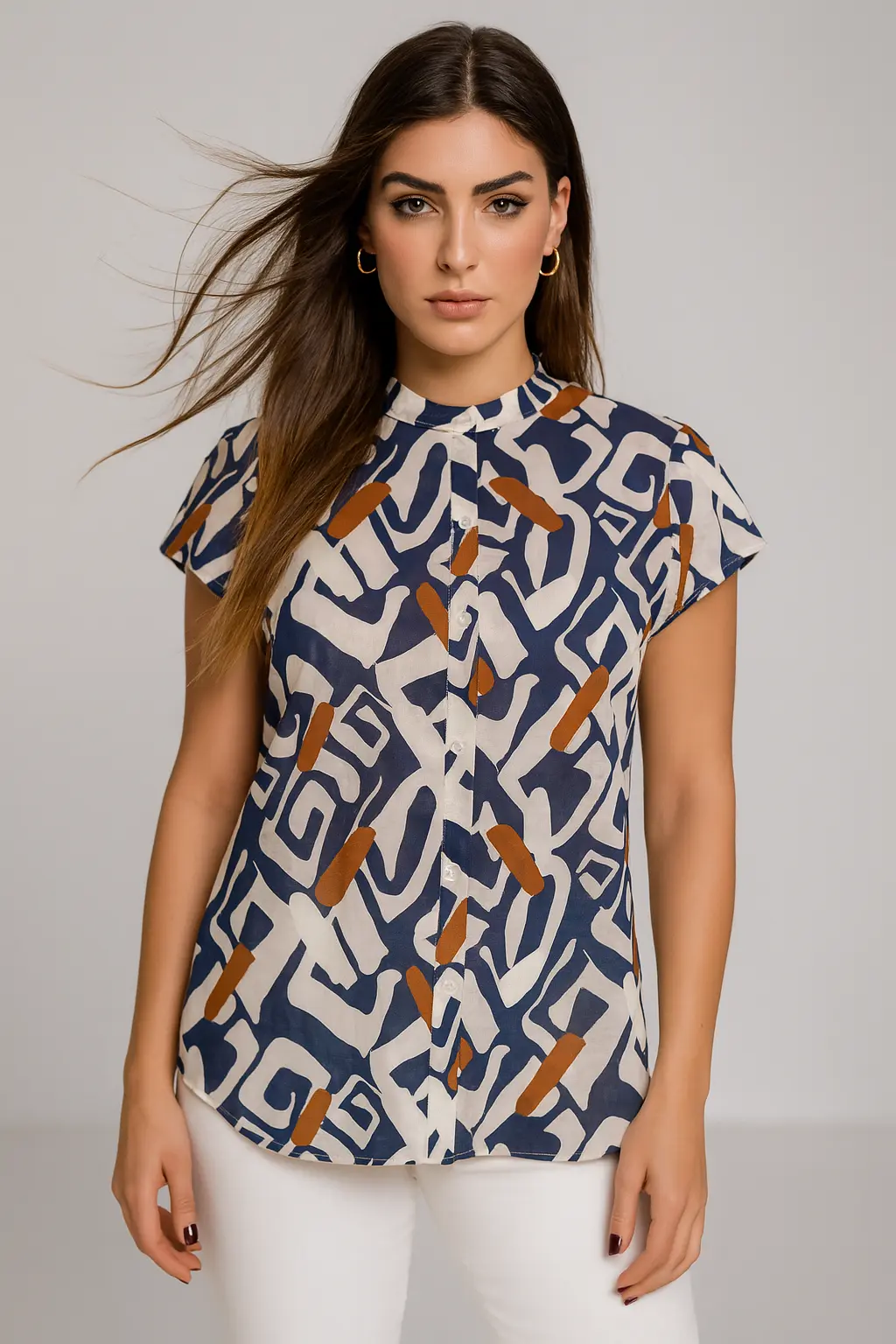Camicia con bottoni e collo coreana in cotone a fantasia