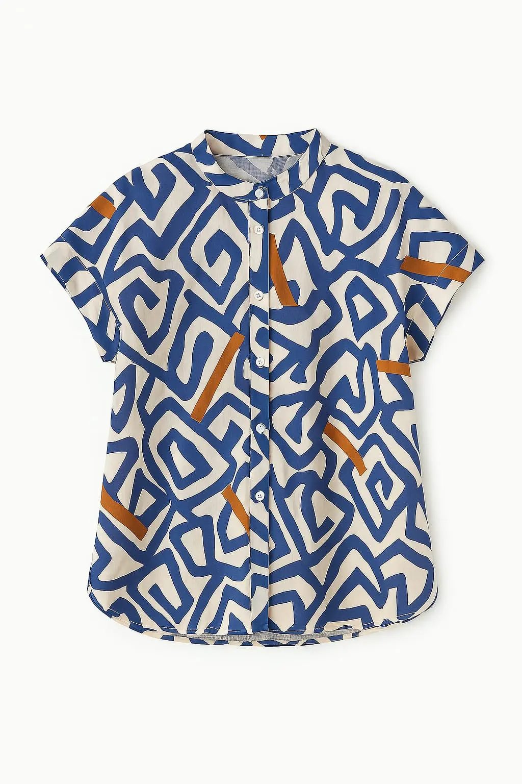 Camicia con bottoni e collo coreana in cotone a fantasia - Image 2