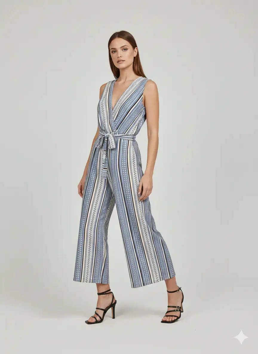 Jumpsuit ampia con scollo a "V" incrociato e fusciacca in vita - Image 2